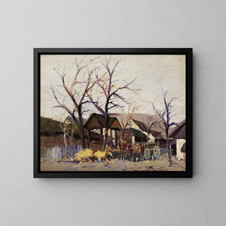 Chariot à chevaux dans une ferme - Wilhelm Sprenger — framed artwork on a wall