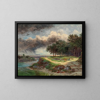A vast river landscape on a rainy day - Wilhelm Steinfeld — framed artwork on a wall