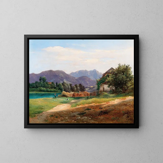 Landscape painting with stored wood - Wilhelm Steinfeld — framed artwork on a wall