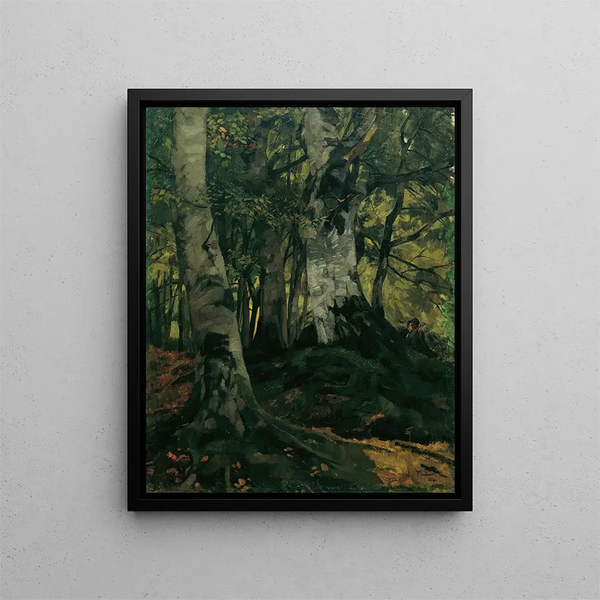 Beech Forest with Lovers - Wilhelm Trübner — framed artwork on a wall
