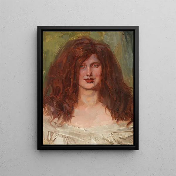 Head of a girl with tousled hair I - Wilhelm Trübner — framed artwork on a wall