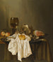 a Still life by Banketje with a Roemer, a silver cup on the side, a ham, peaches, a salt shaker, a small bread, and a white cloth on a partially draped table - Willem Claesz. Heda — artwork view