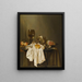 a Still life by Banketje with a Roemer, a silver cup on the side, a ham, peaches, a salt shaker, a small bread, and a white cloth on a partially draped table - Willem Claesz. Heda — framed artwork on a wall