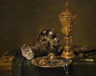 Still life with metal containers and a watch on a table - Willem Claesz Heda — artwork view