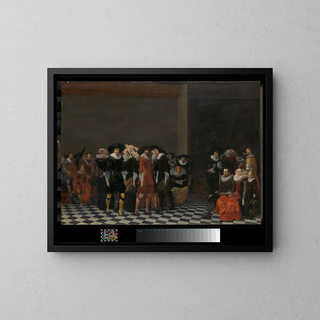 Traditional Wedding Feast Painting called The Marriage of Adriaen Ploos van Amstel and Agnes van Bijler 1616 - Willem Cornelisz Duyster — framed artwork on a wall