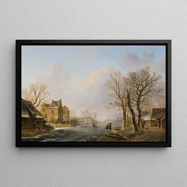 Ice skaters on a frozen river, Dordrecht - Willem de Klerk — framed artwork on a wall