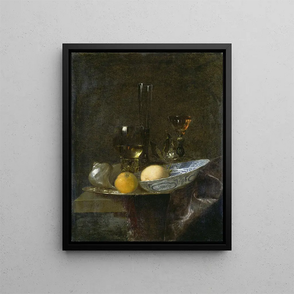 Still Life with Oranges - Willem Kalf — framed artwork on a wall