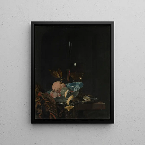 Still life with fruit glasses and Wanli bowl - Willem Kalf — framed artwork on a wall