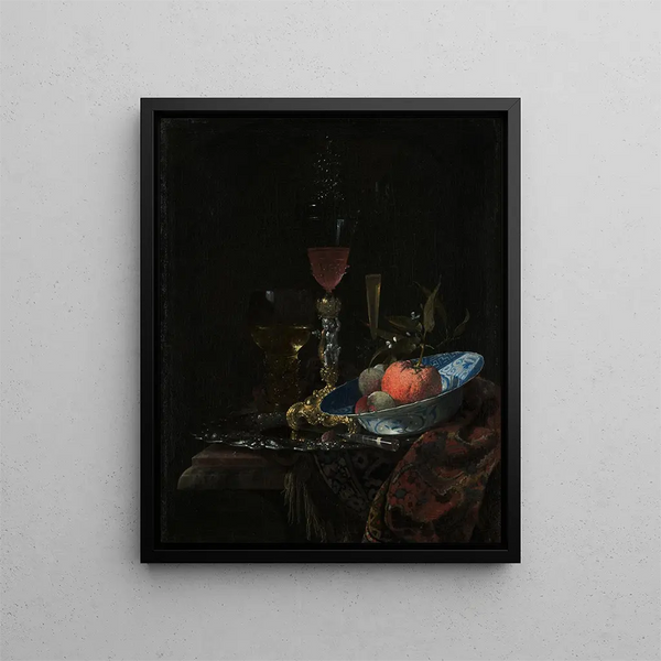 Glass of wine and fruit bowl - Willem Kalf — framed artwork on a wall