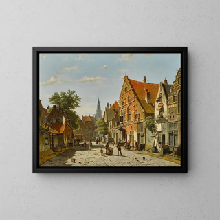 a sunny street with a distant bell tower - Willem Koekkoek — framed artwork on a wall