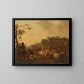 Landscape with a shepherd, a shepherdess, and livestock - Willem Ossenbeeck — framed artwork on a wall