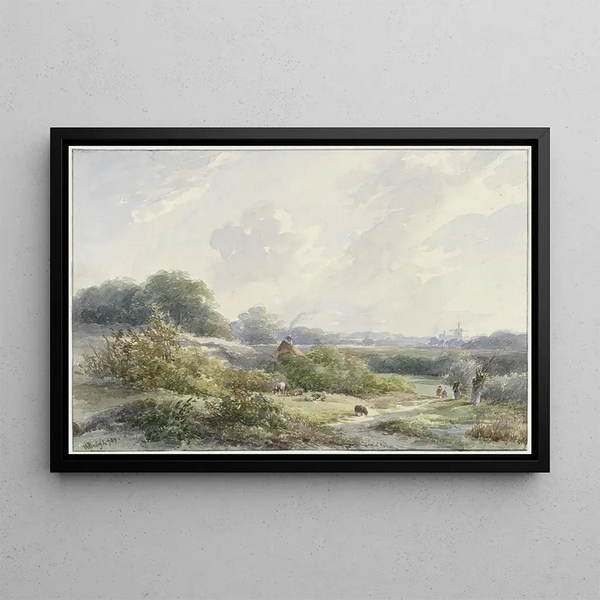 Landscape with Farm and Livestock - Willem Roelofs — framed artwork on a wall