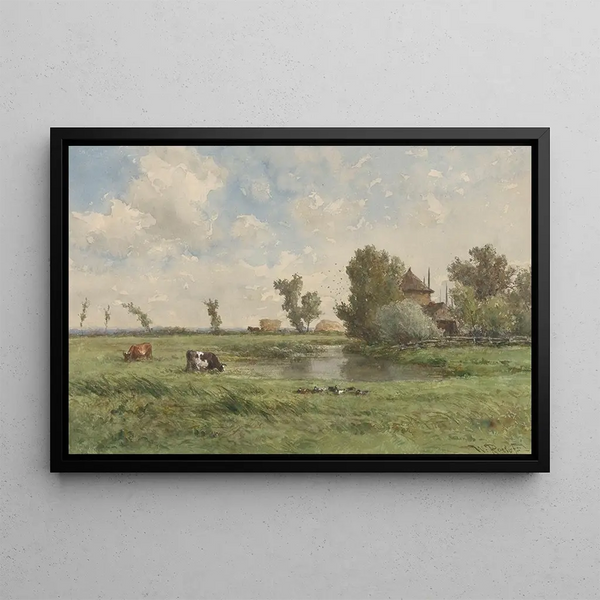 Prairie with Cows - Willem Roelofs — framed artwork on a wall