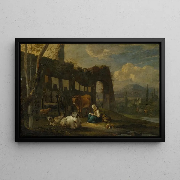 Italian Landscape Painting with Staffage Figures - Willem Romeyn — framed artwork on a wall