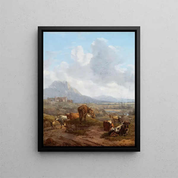 Landscape painting with livestock - Willem Romeyn — framed artwork on a wall