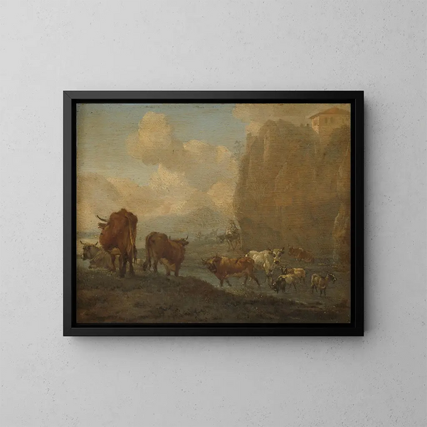 Livestock by a Riverbank - Willem Romeyn — framed artwork on a wall