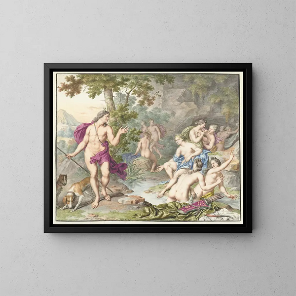 Actéon surprend Diane et ses nymphes - Willem Van Mieris — framed artwork on a wall