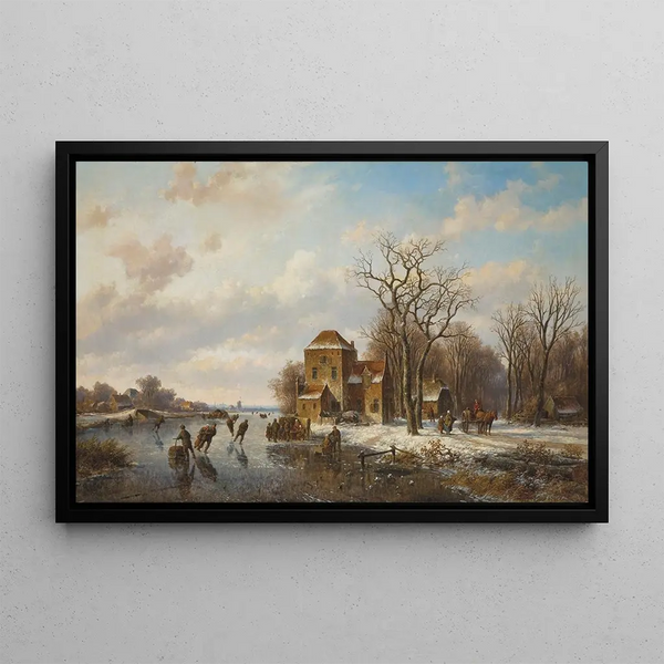 Ice skaters on a frozen waterway - Willem Vester — framed artwork on a wall