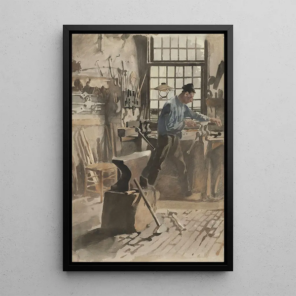 Blacksmith at Work in His Forge - Willem Witsen — framed artwork on a wall