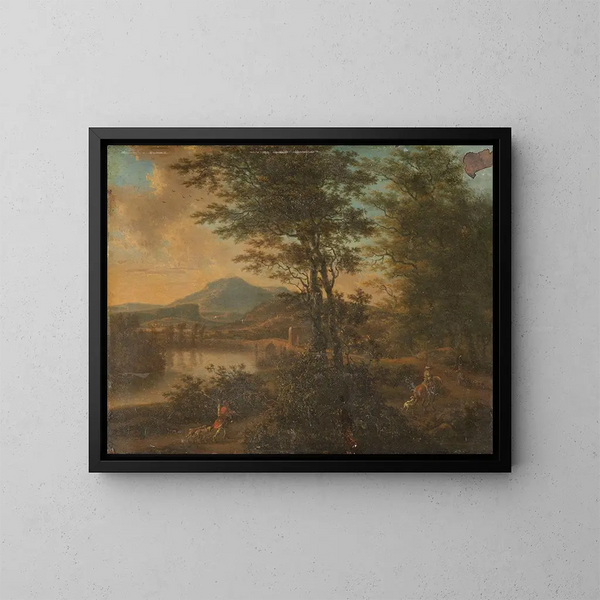 Italian landscape painting at sunset - Willem de Heusch — framed artwork on a wall