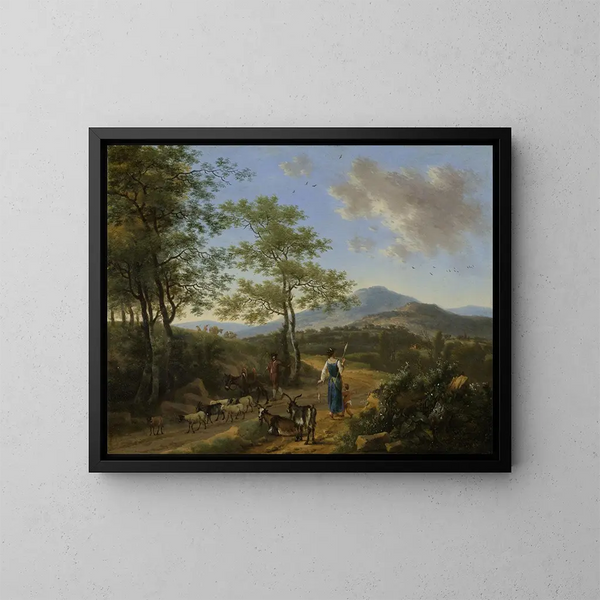 Italian landscape painting with shepherds - Willem de Heusch — framed artwork on a wall