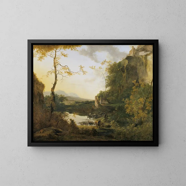 Italian landscape painting with a swimming pool - Willem de Heusch — framed artwork on a wall