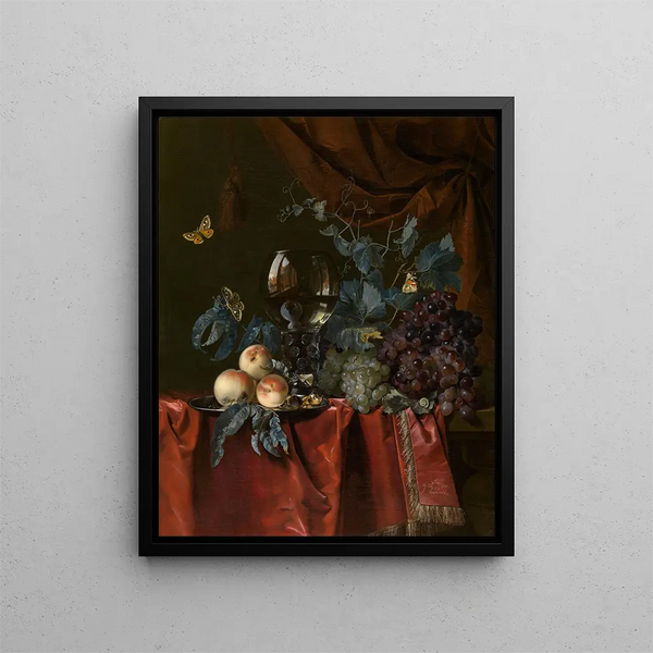 Fruits and a Glass of Wine - Willem van Aelst — framed artwork on a wall