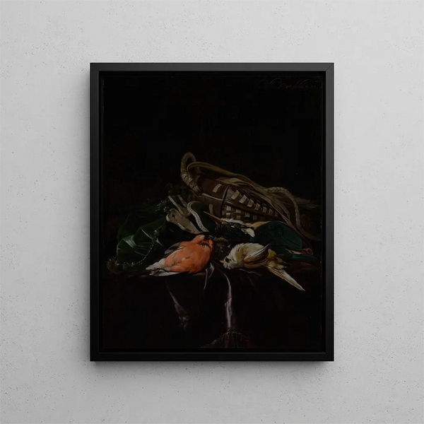 Still Life with Dead Birds and a Game Bag - Willem van Aelst — framed artwork on a wall