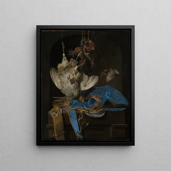 Still life with hunting tools and dead partridge - Willem van Aelst — framed artwork on a wall
