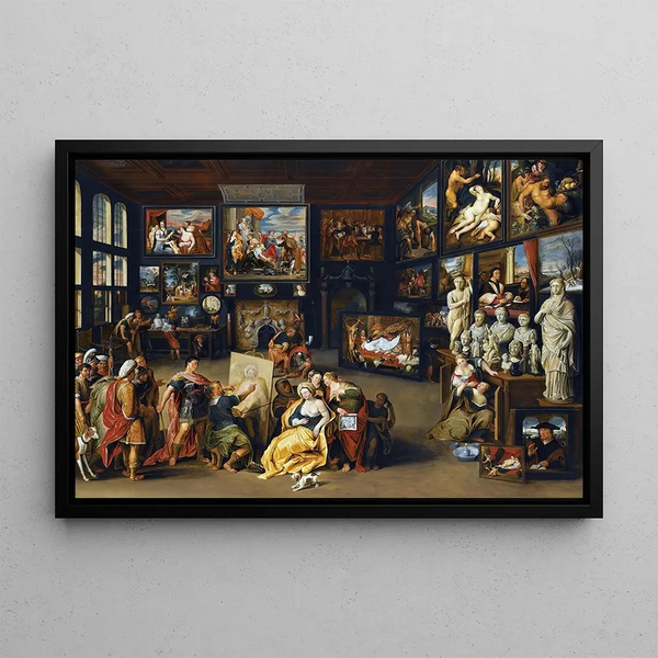 Alexander the Great visits Apelles' workshop - Willem van Haecht — framed artwork on a wall