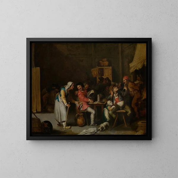 Woman begging in a tavern - Willem van Herp — framed artwork on a wall