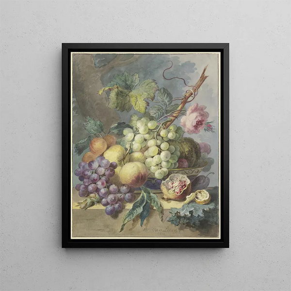Piece of fruit with grapes, peaches, etc., and a rose - Willem van Leen — framed artwork on a wall