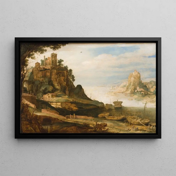 Coastal landscape painting with the so-called Temple of Sibyl at Tivoli - Willem van Nieulandt the Younger — framed artwork on a wall