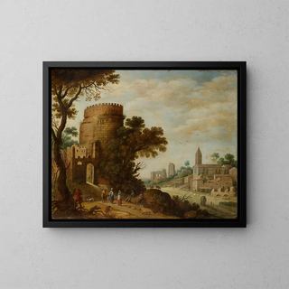Roman landscape with shepherds - Willem van Nieulandt the Younger — framed artwork on a wall