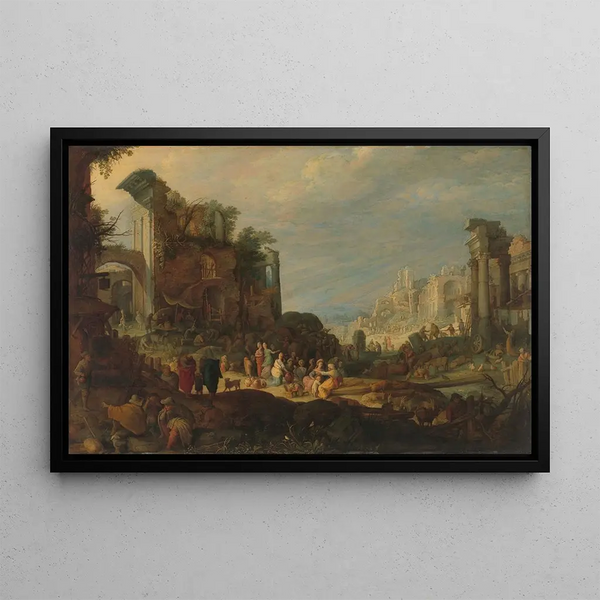 Voyageurs parmi les ruines romaines avec Rebecca et Éliézer au puits - Willem van Nieulandt le Jeune — framed artwork on a wall