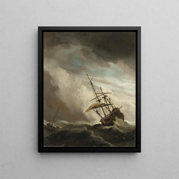 a ship at high sea caught in a gust of wind - Willem van de Velde the Younger — framed artwork on a wall