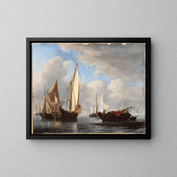 a yacht and other ships in calm - Willem van de Velde the Younger — framed artwork on a wall