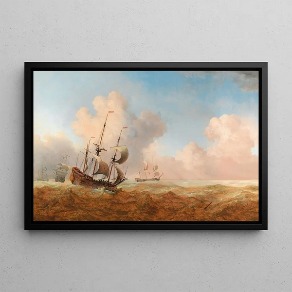 an English warship in rough waters - Willem van de Velde the Younger — framed artwork on a wall