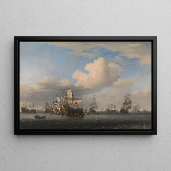 English ships captured after the Four Days Battle - Willem van de Velde the Younger — framed artwork on a wall