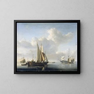 Boats in front of the coast - Willem van de Velde the Younger — framed artwork on a wall