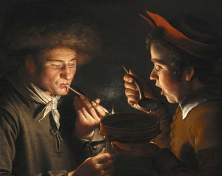 a man smoking and another man eating by candlelight - Willem van der Vliet — artwork view