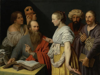 a scholar in his study with masked figures, perhaps an allegory - Willem van der Vliet — artwork view