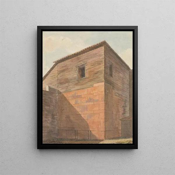 Corner of a stone and wooden building with inscription on the wall - Willey Reveley — framed artwork on a wall