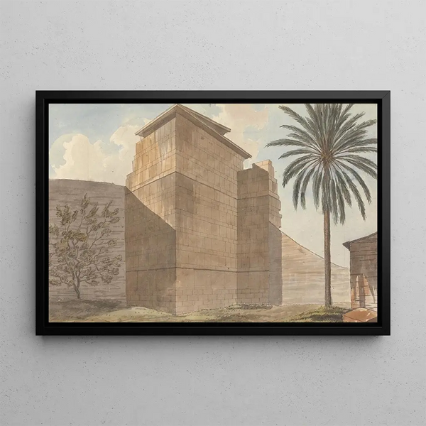 Corner of a stone building with palm tree on the right - Willey Reveley — framed artwork on a wall