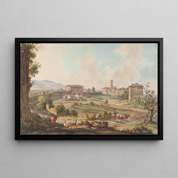 Ruins in Rome with goats, cows, and shepherds - Willey Reveley — framed artwork on a wall