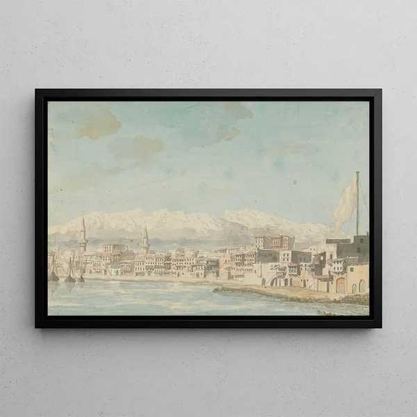 View of the port city with a mast on the right sea view - Willey Reveley — framed artwork on a wall