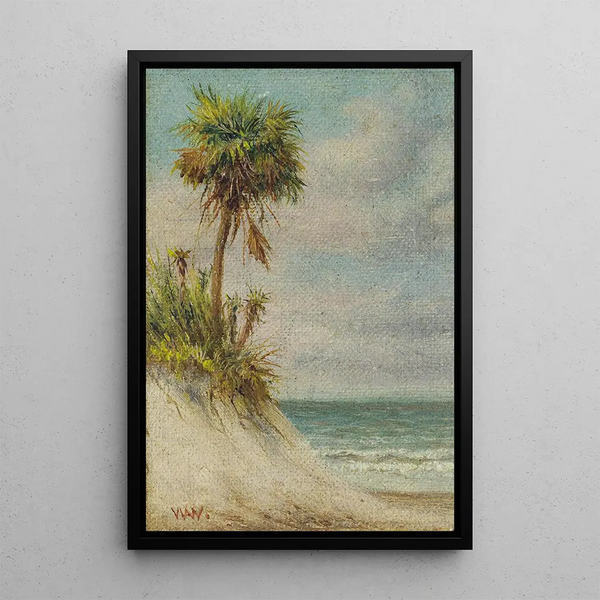 Florida Seascape Painting with Sand Dune and Palm Tree - William Aiken Walker — framed artwork on a wall
