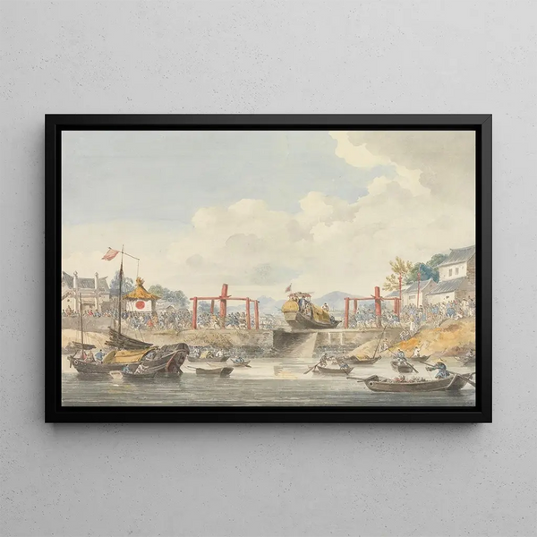 Les barges de l'ambassade élevées d'un canal à l'autre en route de HanTcheouFoo à TchuSan 16 novembre 1793 - William Alexander — framed artwork on a wall