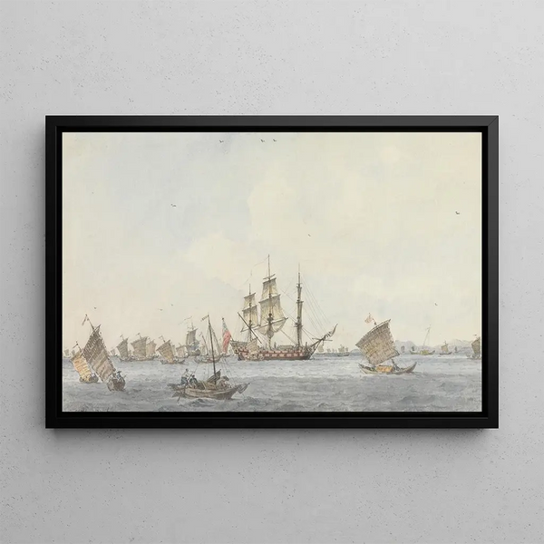 The Hindostan at anchor in the Miatau Strait from the city of Tenchoofou at the entrance to the Gulf of Beijing - William Alexander — framed artwork on a wall