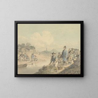 View in China with figures, pagoda, and mountain - William Alexander — framed artwork on a wall
